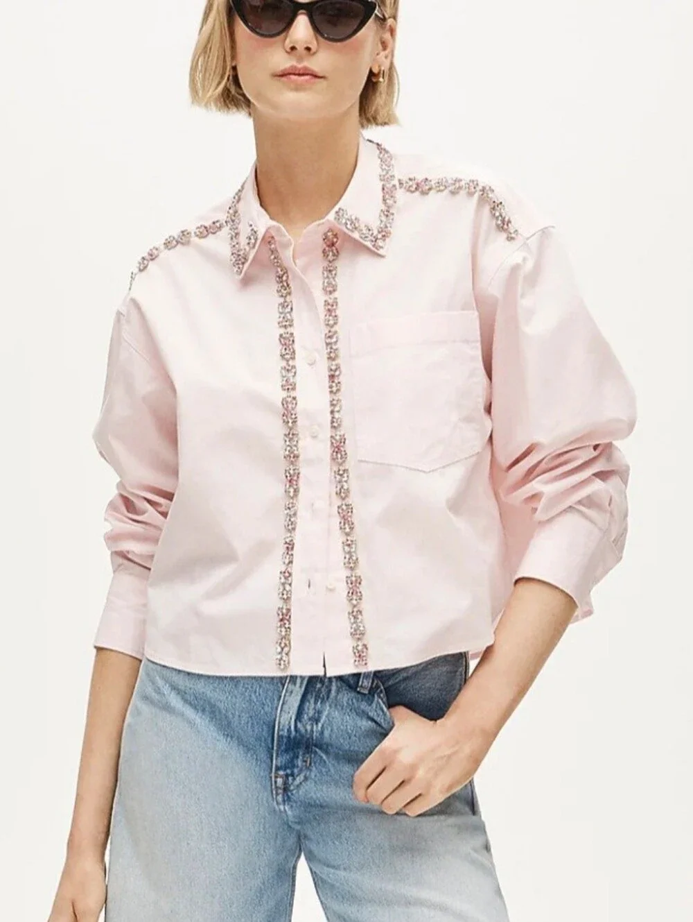 J Crew Etienne Jeweled Cropped Button Down Shirt